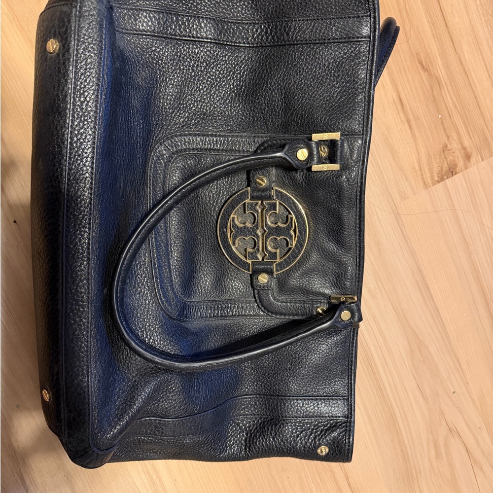 Tory Burch Black Leather Tote with Gold Accents